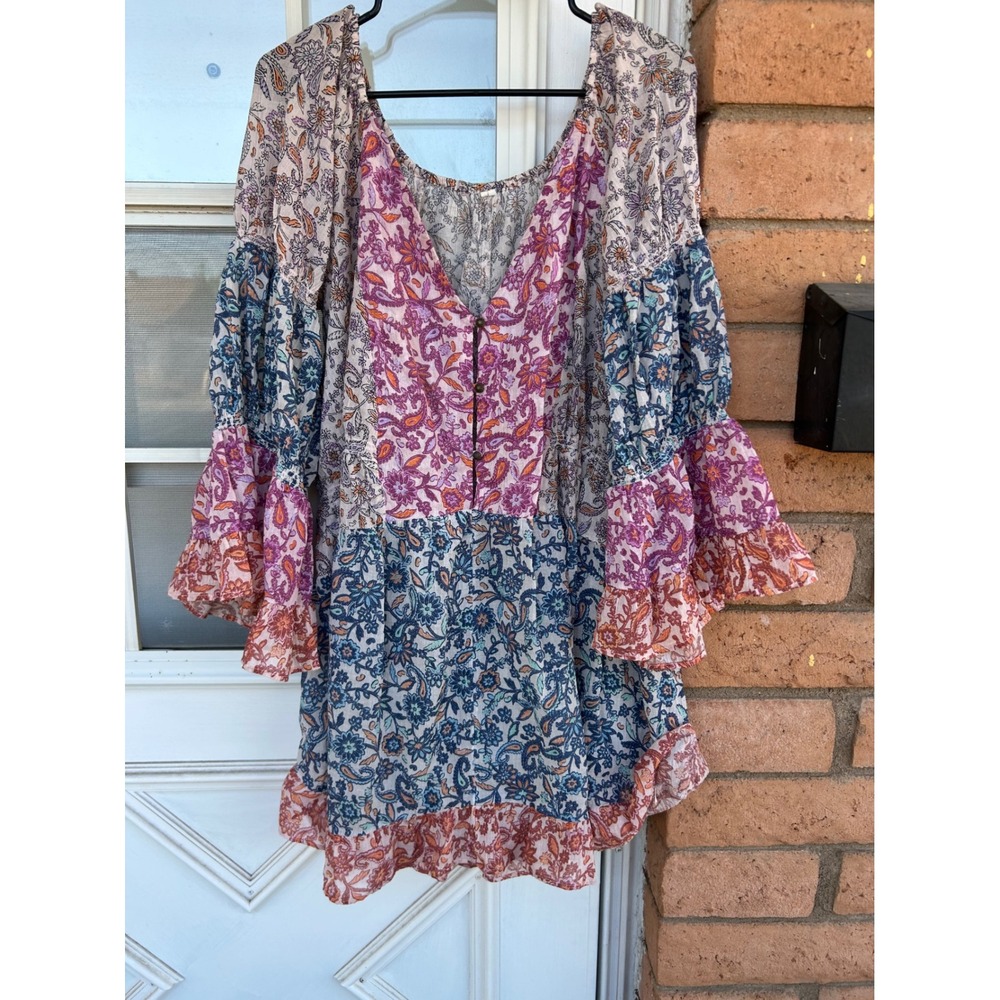 Anthropologie Boho Patchwork Floral Paisley Bell Sleeve Mini Dress M Festival - Picture 6 of 9